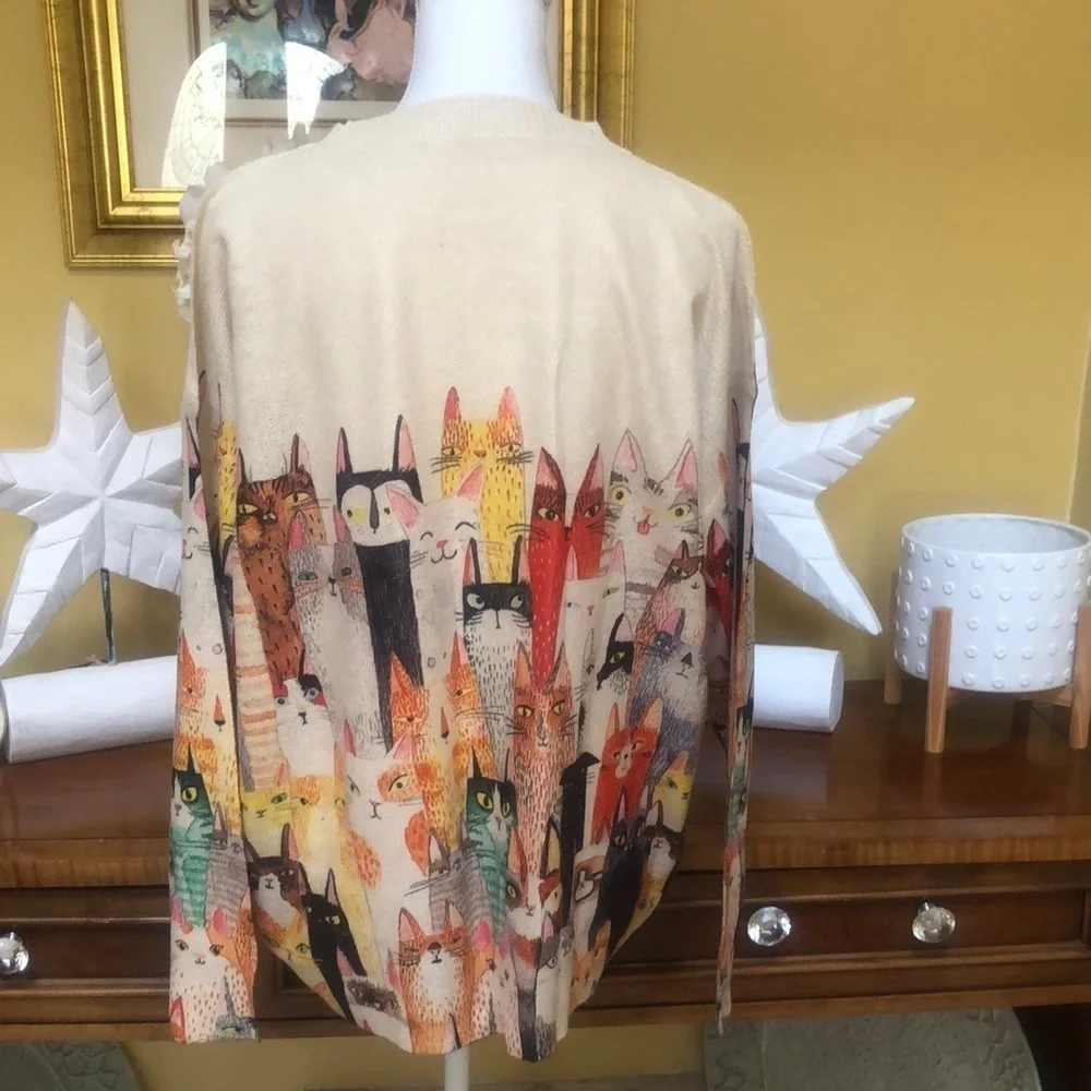 Womens Plus Size All Over Cat Party Print Long Sleeve Pullover Sweater Size XXL